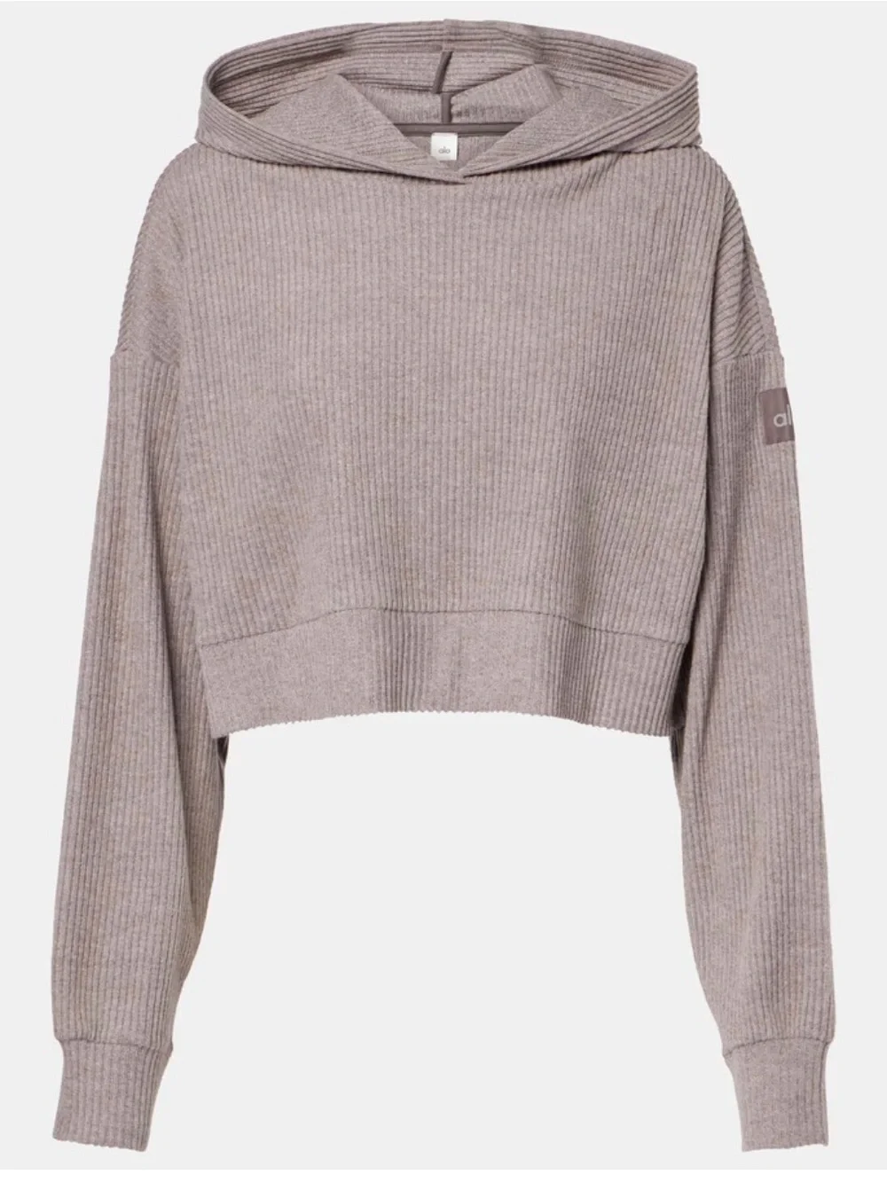 ALO Yoga Ribbed Hooded Crop in Taupe Brown